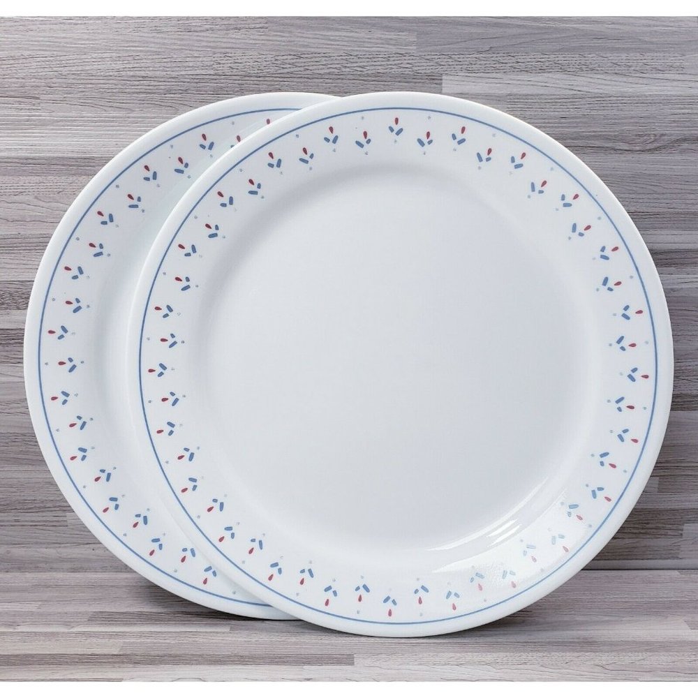 2-Corelle by Corning Normandy 10.25” Dinner Plates White Blue Red